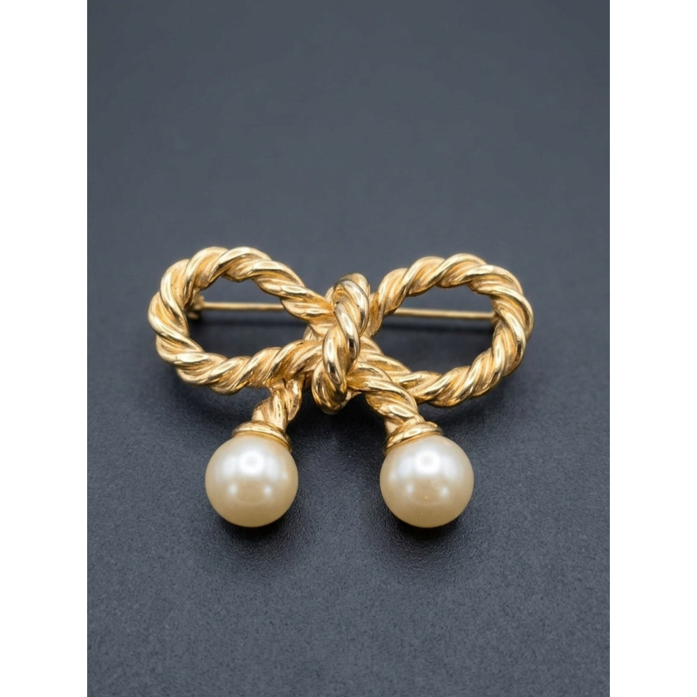Unbranded Gold Tone Twisted Rope Bow Faux Pearl Dangleโ Brooch Pin OS